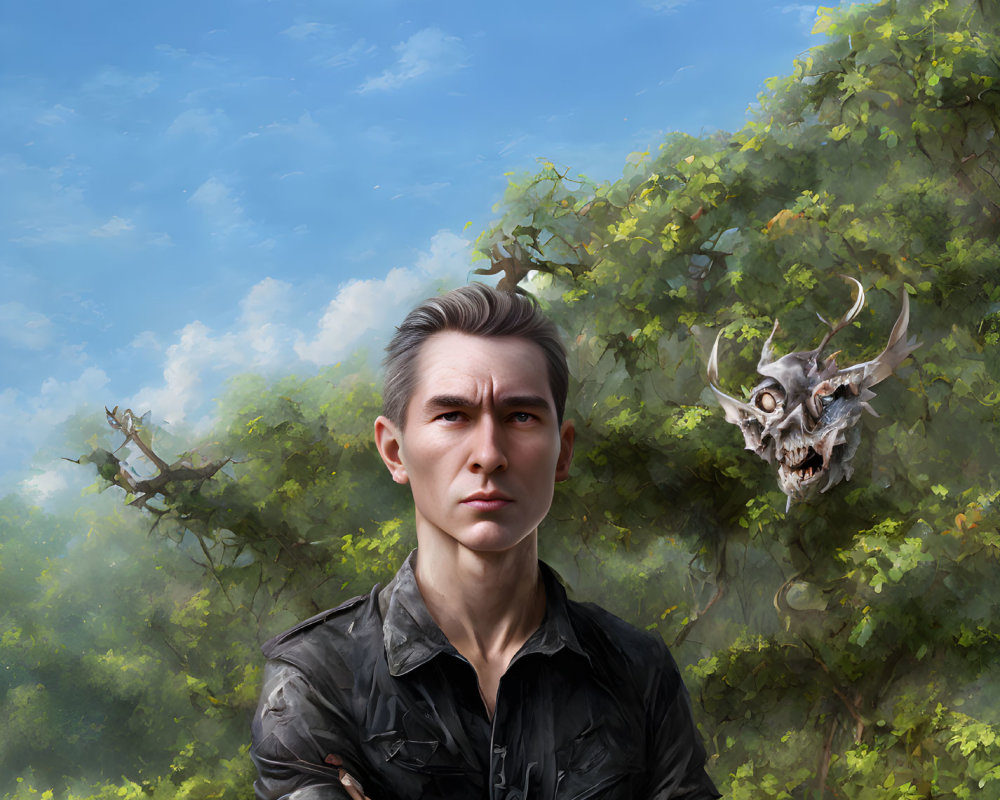 Grey-Haired Man in Black Shirt Contemplating Skull in Forest Setting