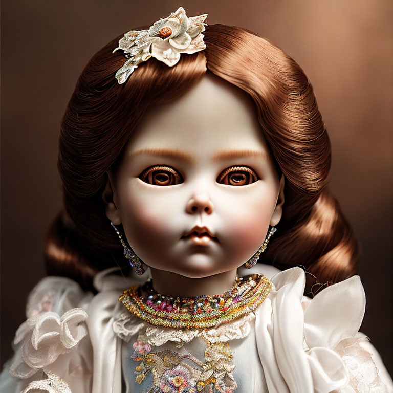 Brown-eyed porcelain doll with brown hair and white flower accessory, dressed in lace and beadwork.