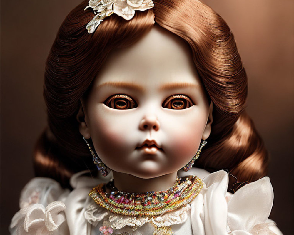 Brown-eyed porcelain doll with brown hair and white flower accessory, dressed in lace and beadwork.