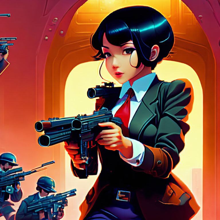 Animated female character with bobbed hair holding a gun in a doorway with armed figures.