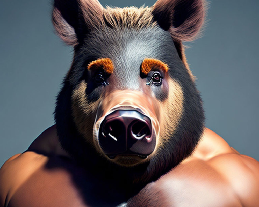 Surreal blend: pig's head on human body in grey backdrop