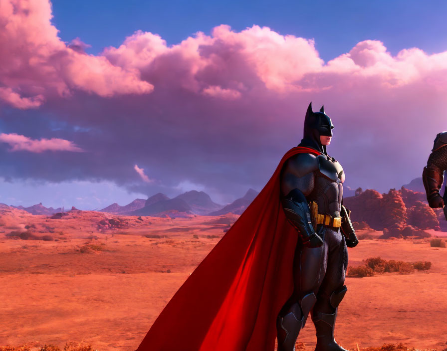 Batman figure in desert landscape under dramatic pink-hued sky