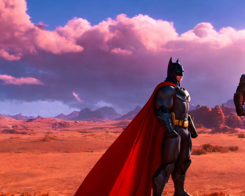 Batman figure in desert landscape under dramatic pink-hued sky