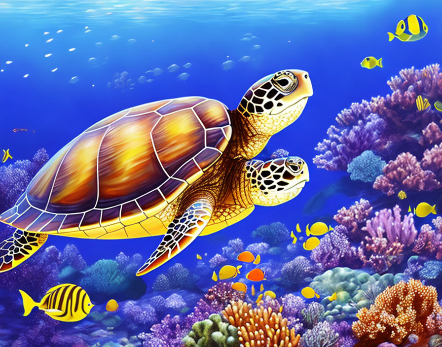 Colorful Sea Turtle Swimming in Vibrant Coral Reef Scene