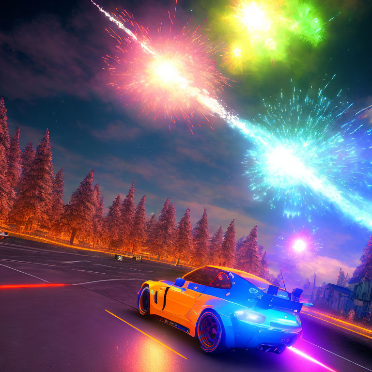 Colorful sports car on asphalt road with twilight fireworks above forest.