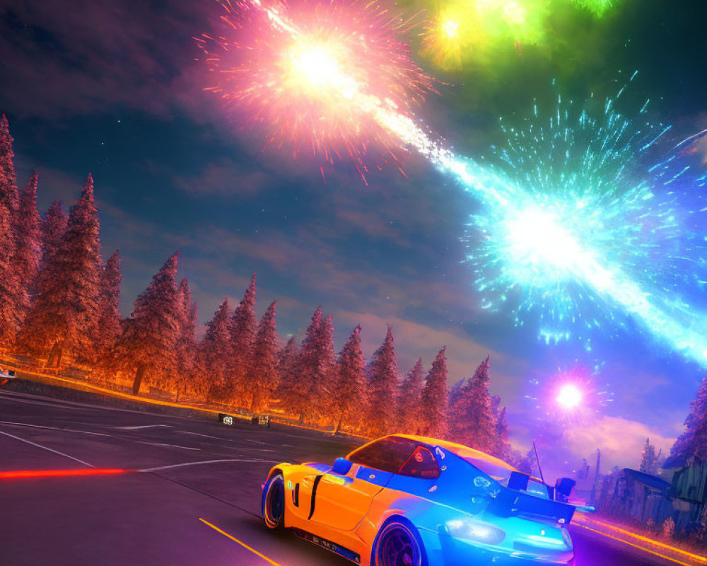 Colorful sports car on asphalt road with twilight fireworks above forest.