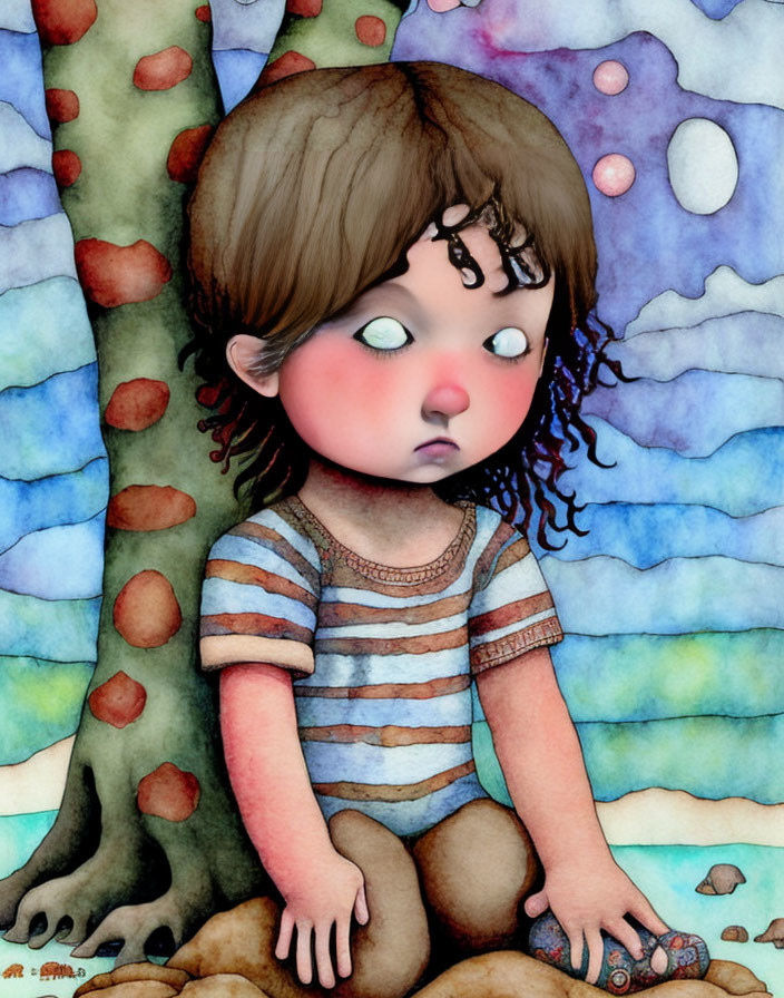 Illustration: Sad child with big eyes under tree, holding toy, colorful backdrop