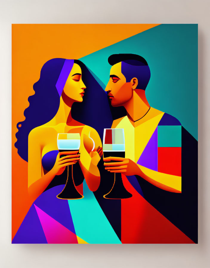 Man and woman toasting wine glasses in stylized image against colorful geometric backdrop