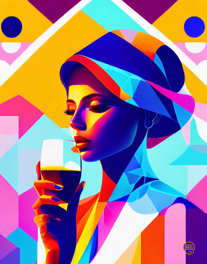 Colorful Stylized Digital Portrait of Woman with Hat and Glass on Abstract Geometric Background