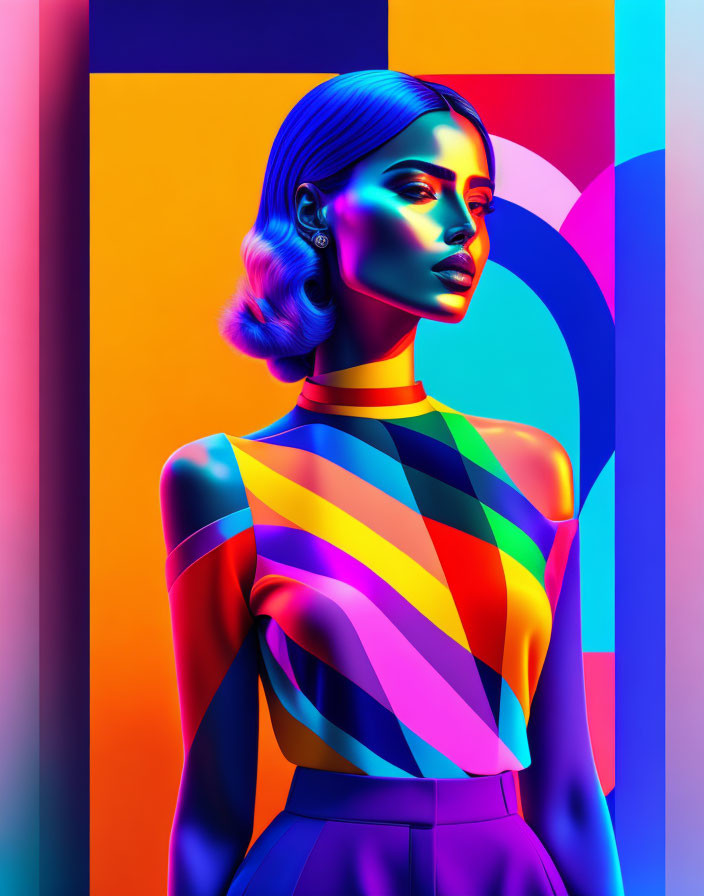 Vibrant digital artwork of a woman in striped dress on colorful background