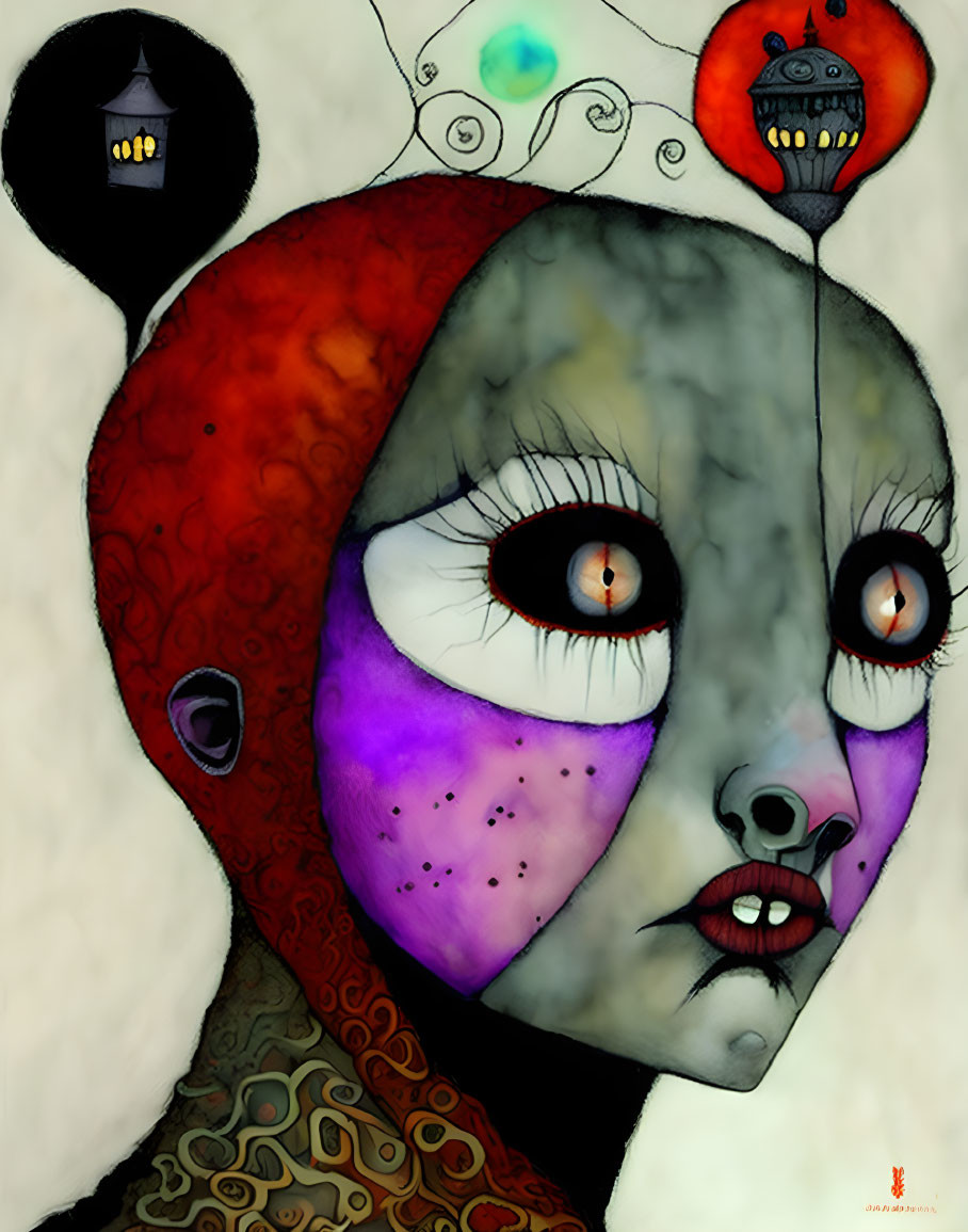 Surreal portrait of female figure with disproportionate eyes and colorful skin