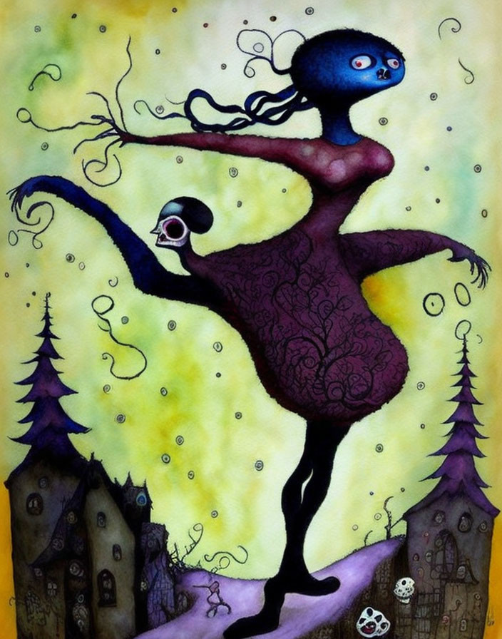 Whimsical painting of blue-headed creature in surreal landscape