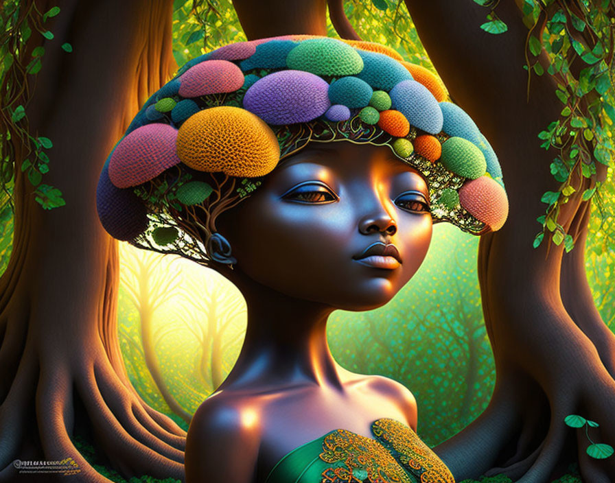 Fantastical female portrait with mushroom-like hair in enchanted forest