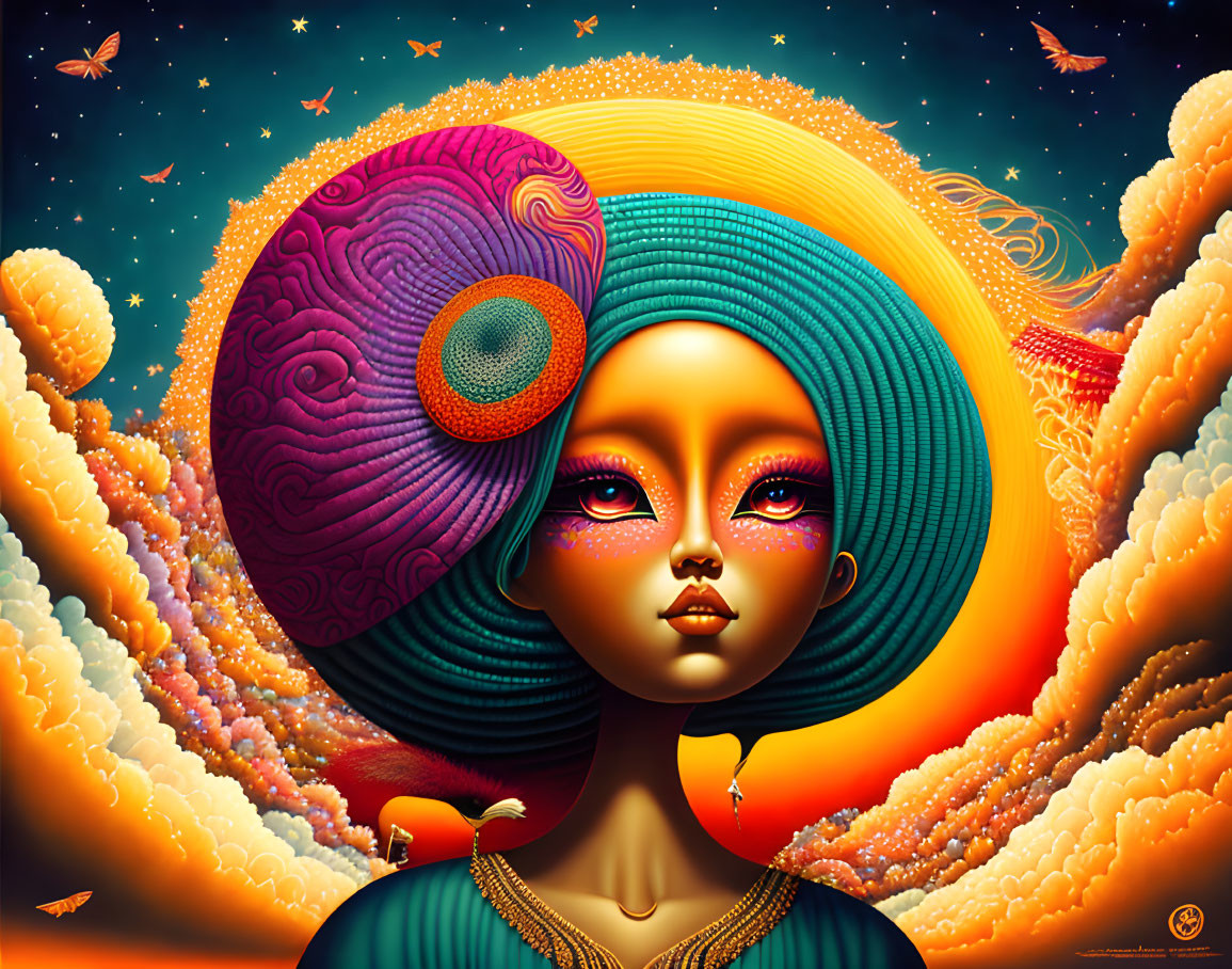 Colorful Surrealist Portrait with Female Figure and Oversized Hat