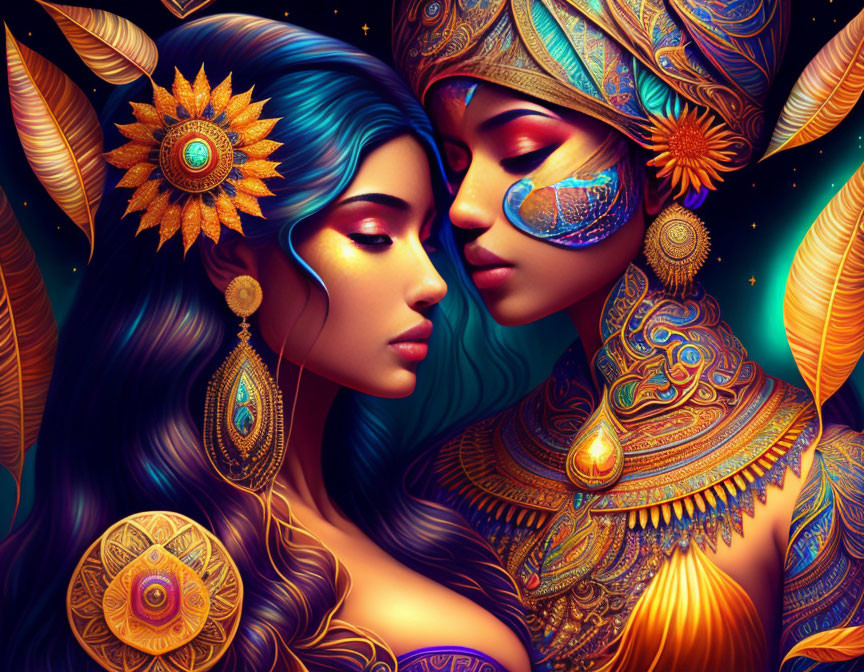 Colorful, ornate female figures with intricate decorations on a starry backdrop