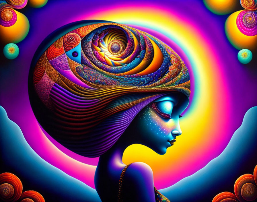 Colorful Psychedelic Female Profile Art with Swirling Patterns