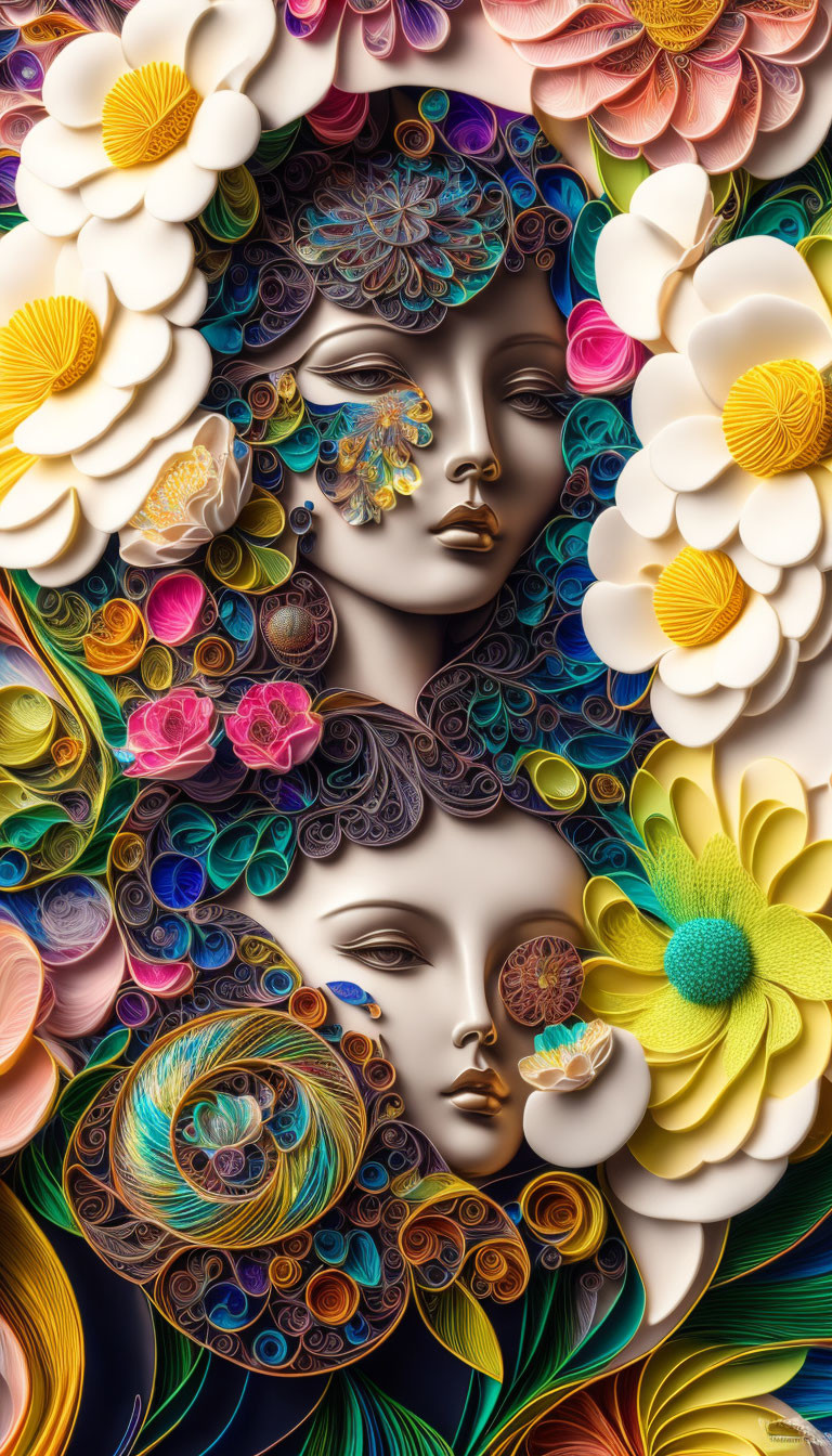 Colorful artwork with stylized faces and floral patterns