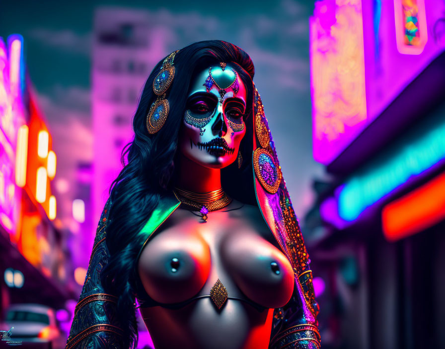 Woman with Day of the Dead skull makeup in vibrant body paint under neon-lit street.