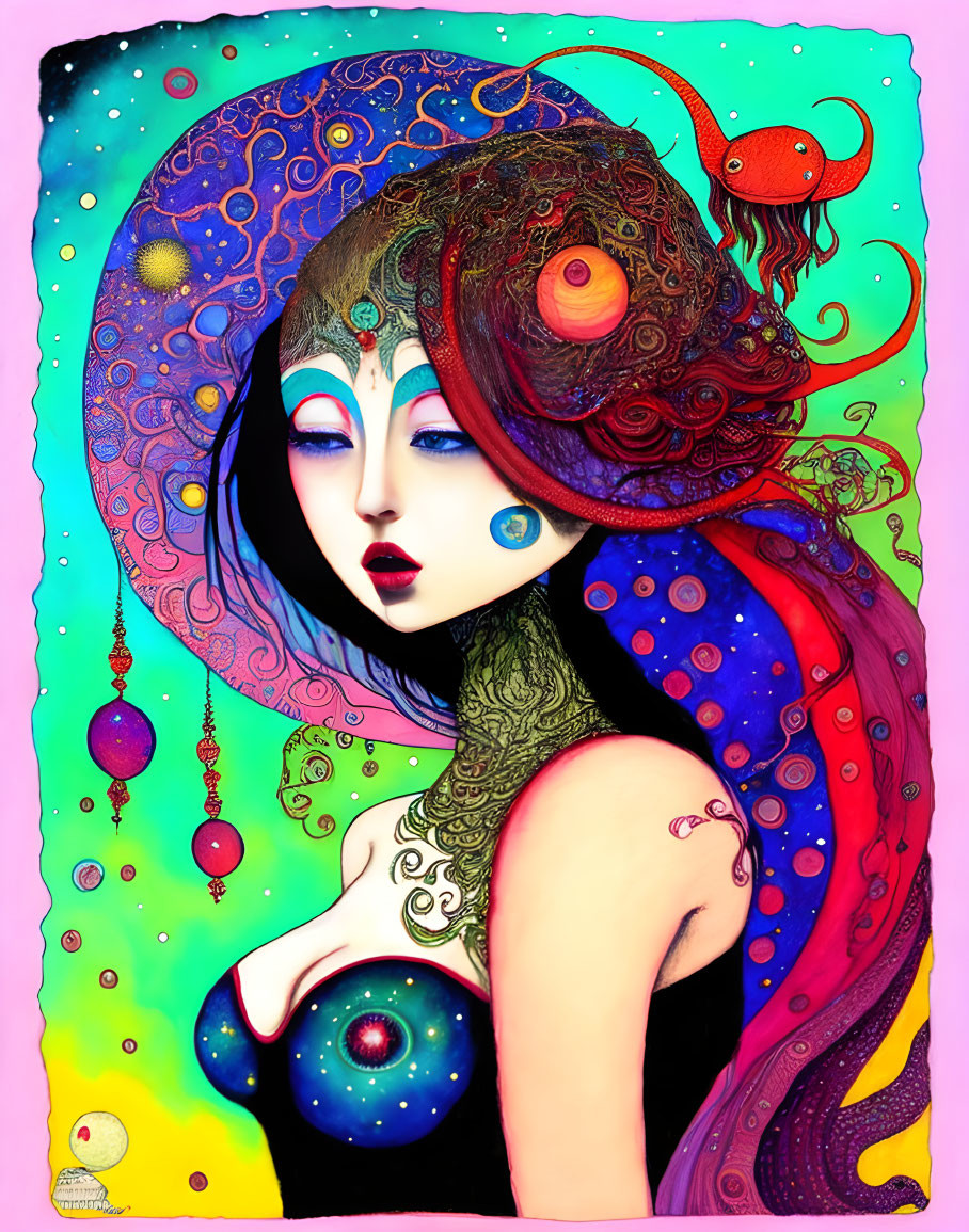 Colorful Illustration of Stylized Woman with Cosmic Headdress