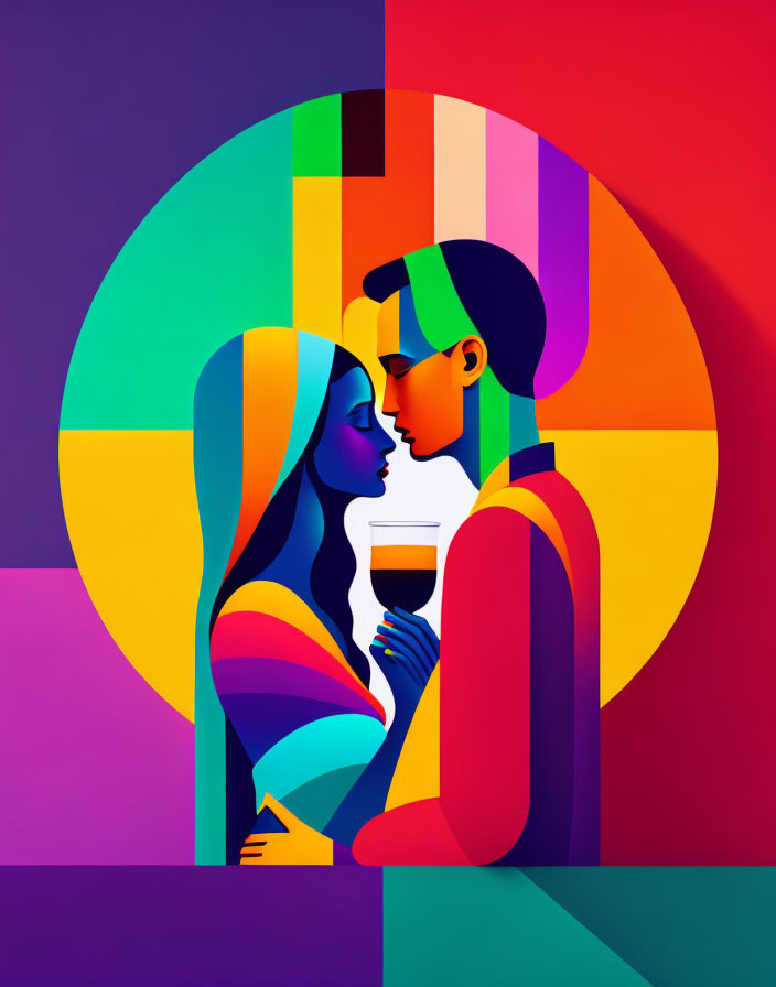 Vibrant digital artwork: Couple in close embrace on geometric background