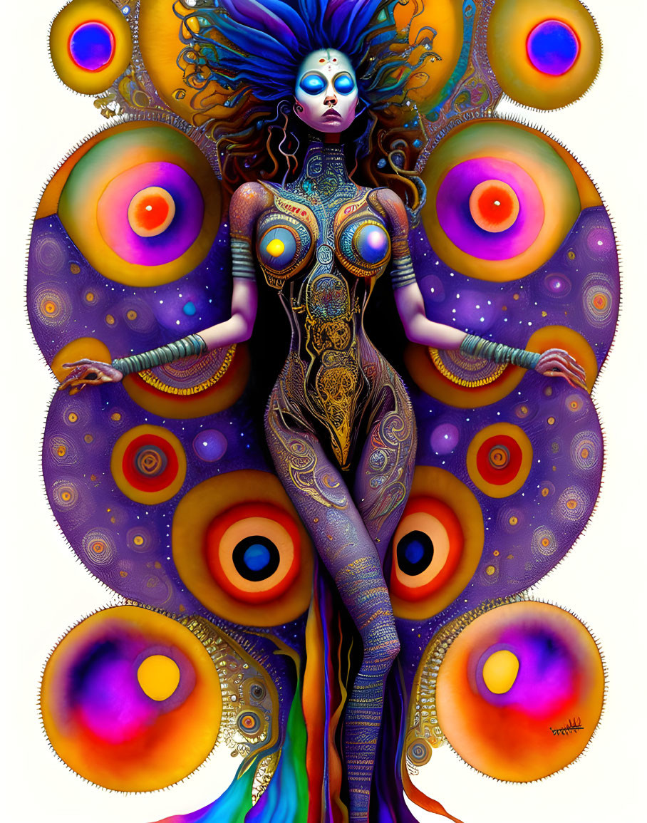 Colorful digital artwork: Female figure with peacock body art and headdress surrounded by eye-patterned