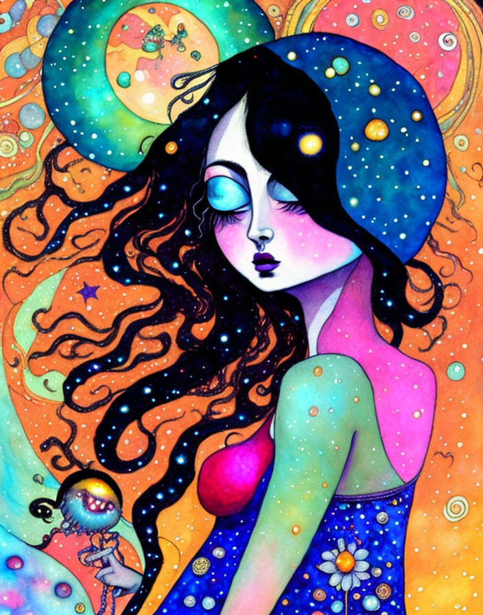 Illustration: Girl with night sky hair holding tiny creature in celestial setting