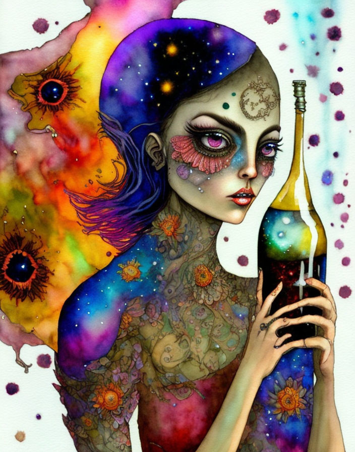 Illustration of woman with cosmic tattoos and bottle against celestial watercolor backdrop