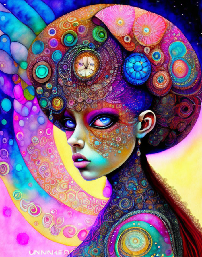 Colorful digital artwork of female figure with clock elements in psychedelic background