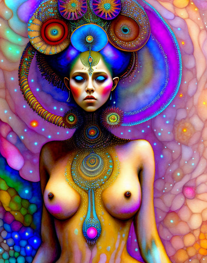 Colorful Psychedelic Portrait of Female Figure with Celestial Motifs