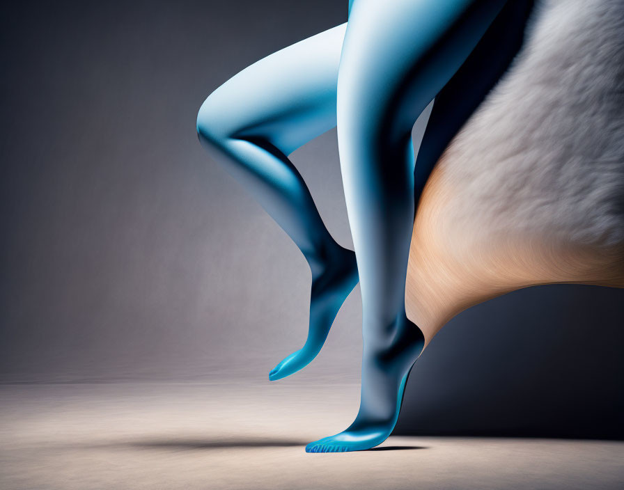 Conceptual image of human legs in shiny blue tights with fluffy cream material on grey background