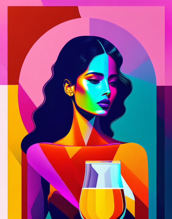 Colorful portrait of a woman with geometric shapes and vibrant lighting.