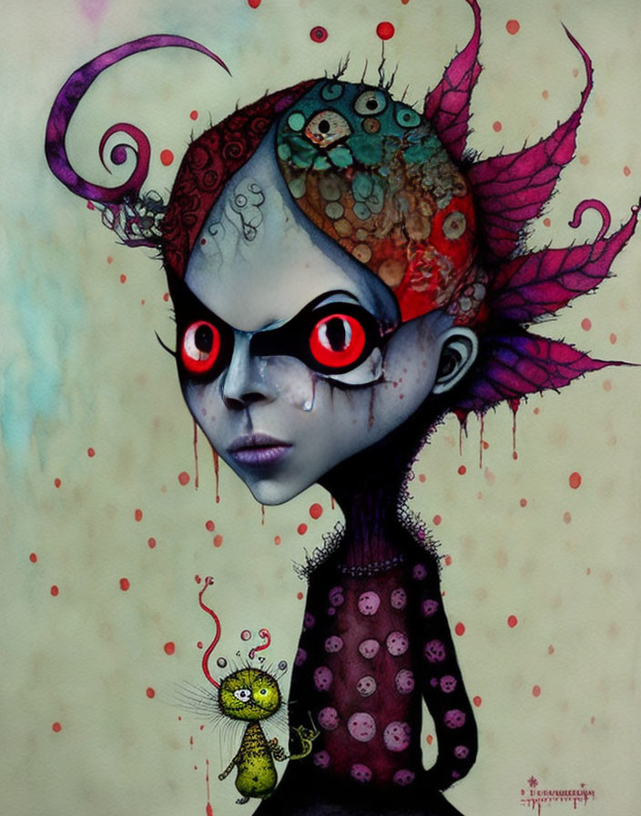 Wide-eyed character with patterned skin and whimsical creature illustration