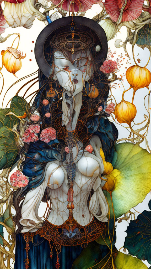 Detailed botanical and mystical illustration of a woman with vibrant colors and delicate linework