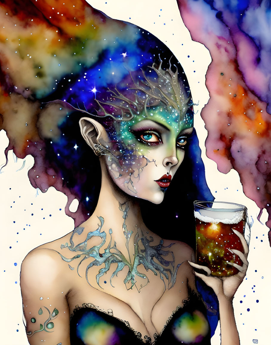 Fantastical female figure with cosmic-themed face and glass in vibrant, nebula-like colors