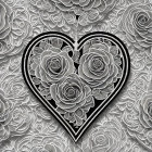 Monochromatic heart-shaped outline filled with detailed roses on floral background