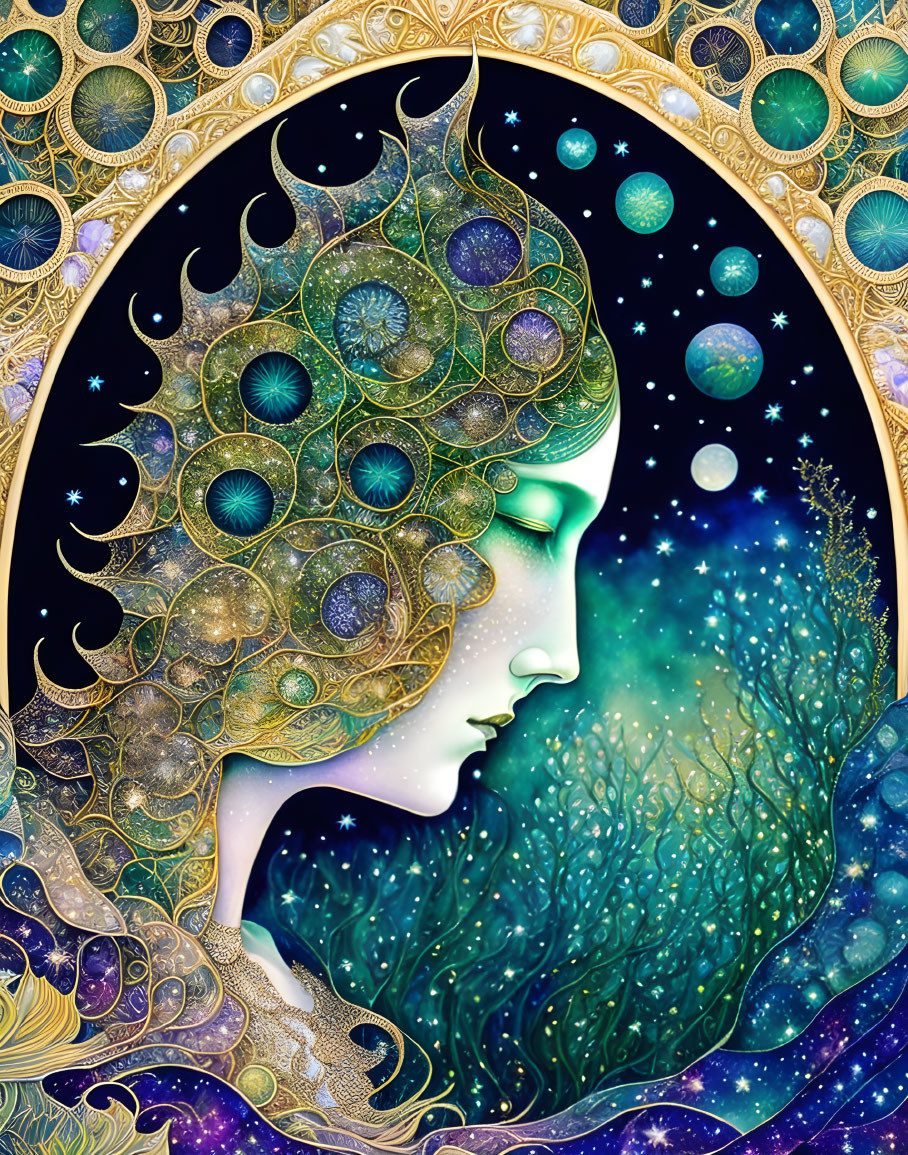 Stylized female profile with celestial hair in circular frame