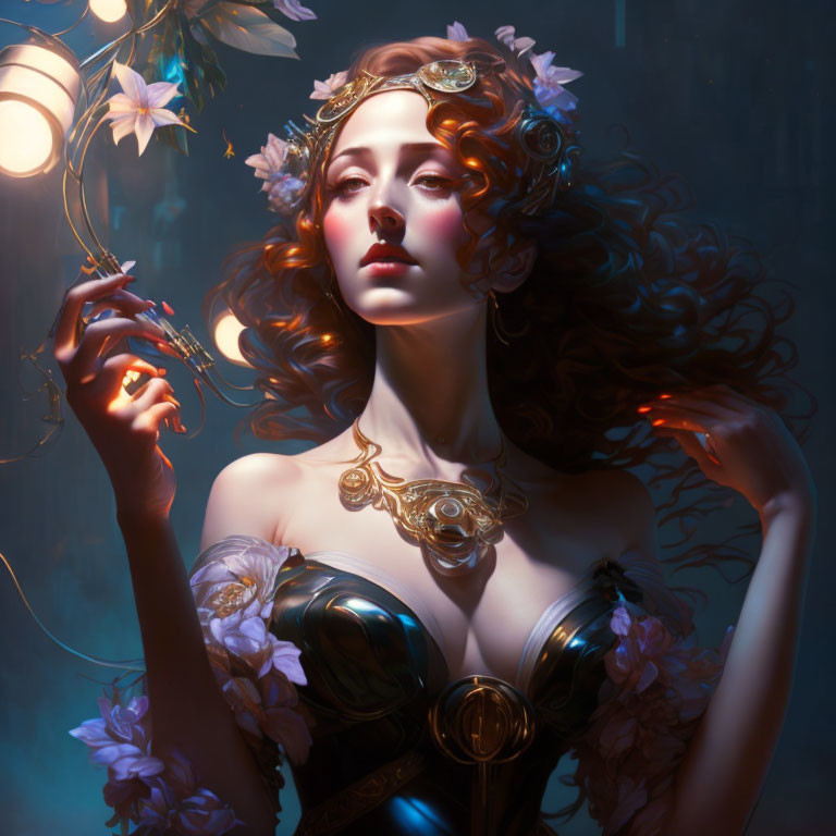 Ethereal woman with voluminous curly hair and flowers in illuminated blue glow