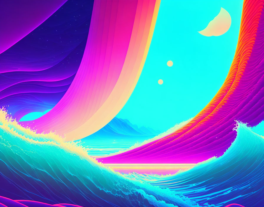 Colorful Digital Art: Stylized Waves, Neon Palette, Crescent Moon