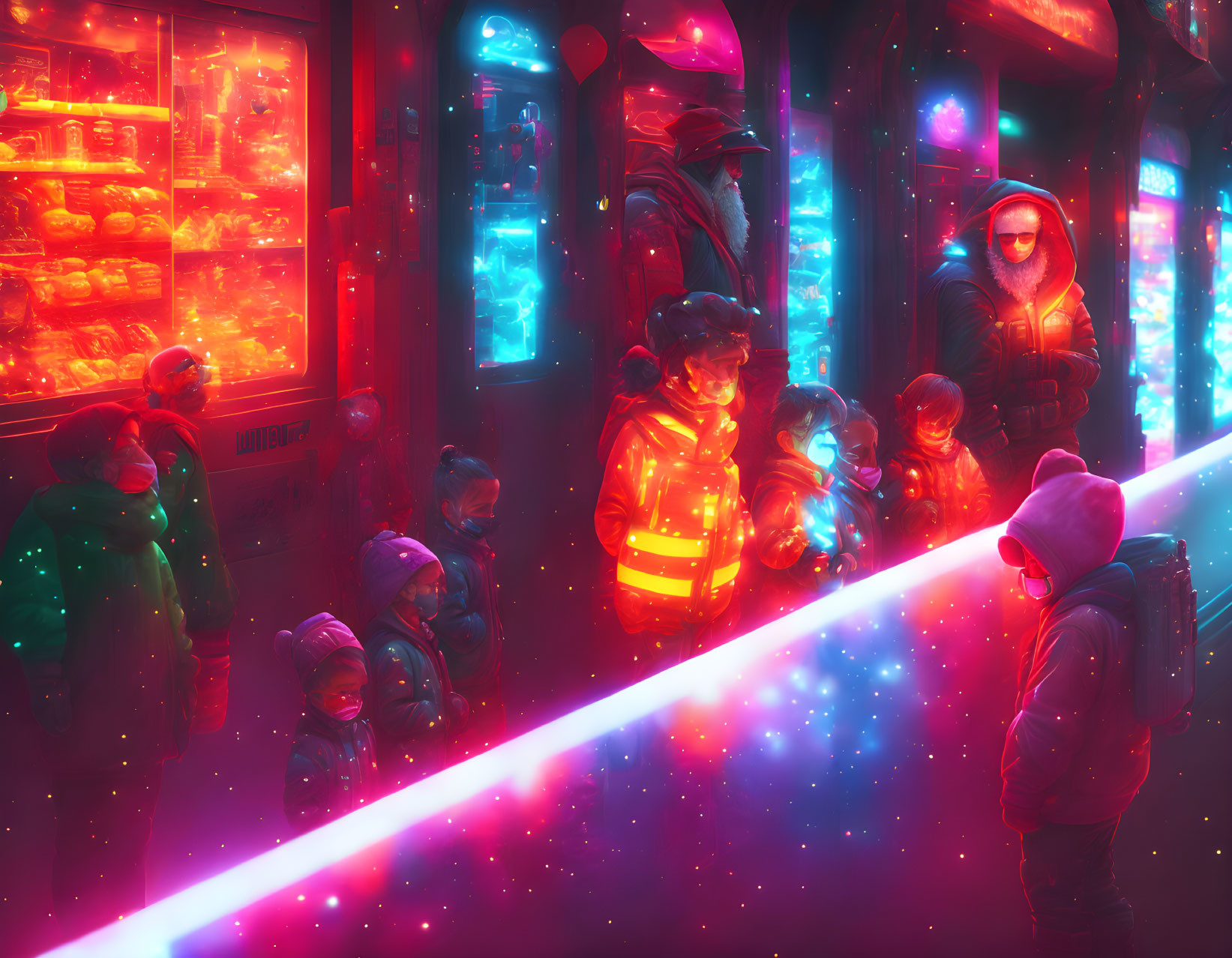 Group of People in Winter Attire Admiring Neon Lights in Nighttime Cityscape