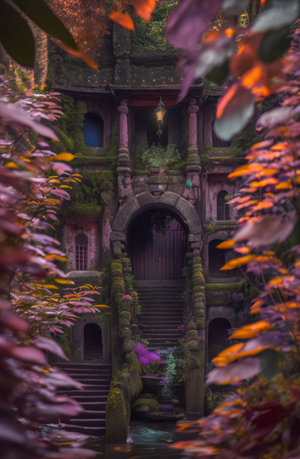 Stone archway on mystical garden path with autumn leaves, hidden door