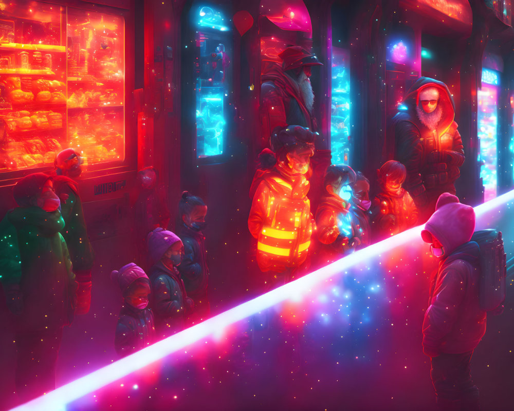 Group of People in Winter Attire Admiring Neon Lights in Nighttime Cityscape