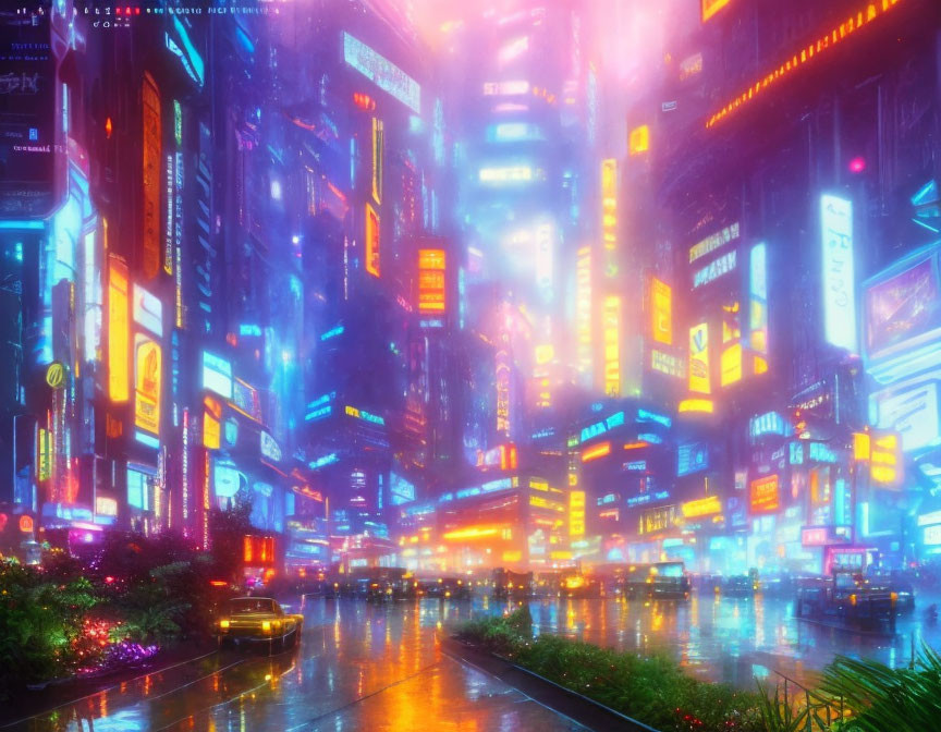 Vibrant neon-lit futuristic cityscape at night