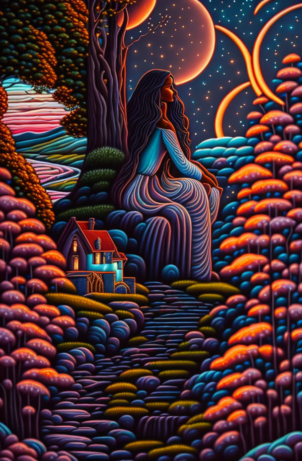 Colorful artwork: Woman's silhouette blending into fantasy landscape under starry sky with small house.