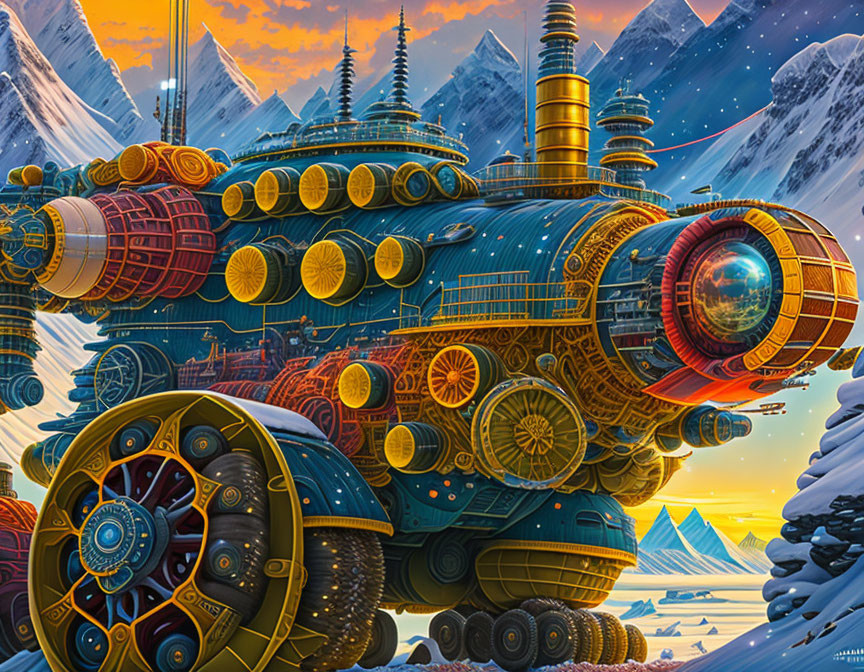 Colorful futuristic train in snowy mountain landscape