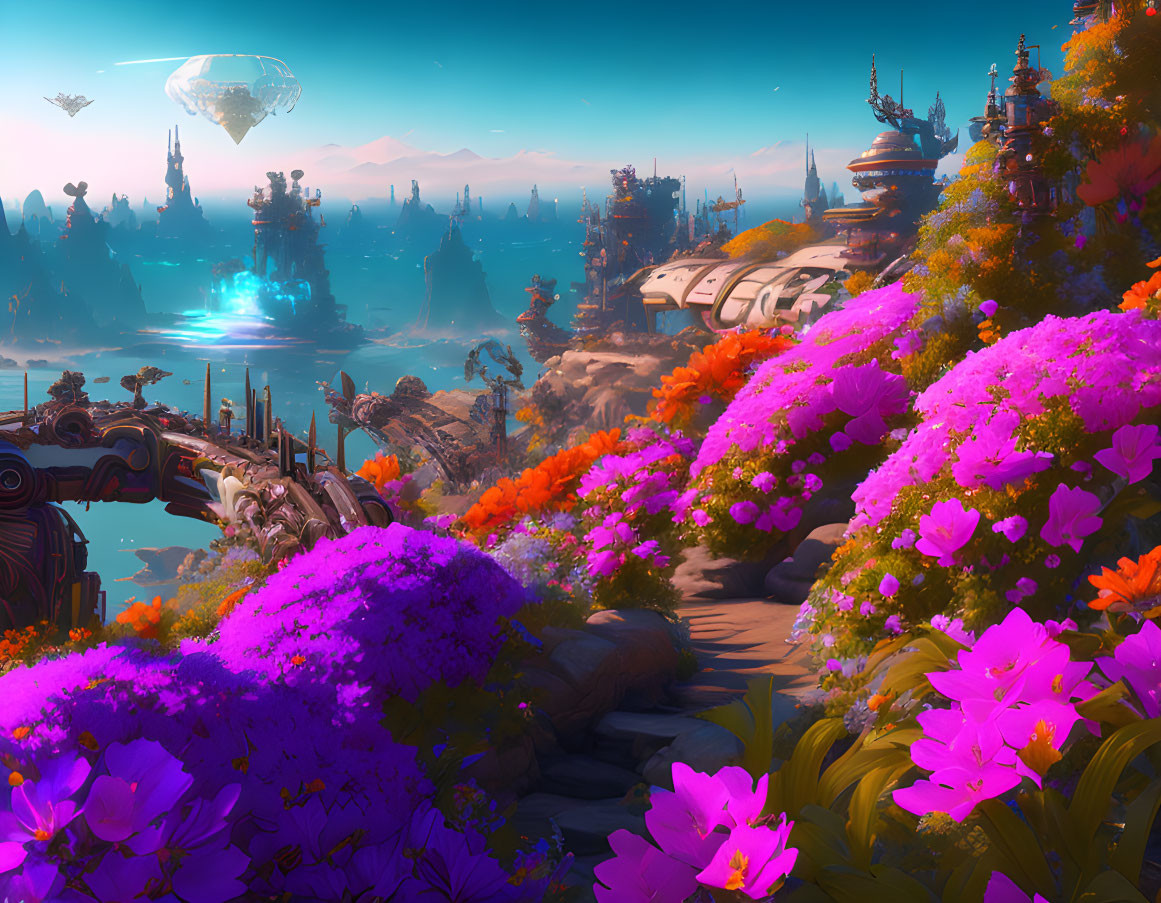 Futuristic sci-fi landscape with purple and orange flowers, winding path, and futuristic structures