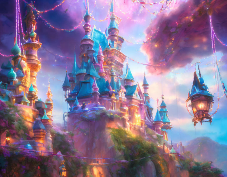 Vibrant pastel fantasy castle with floating lanterns in whimsical sky