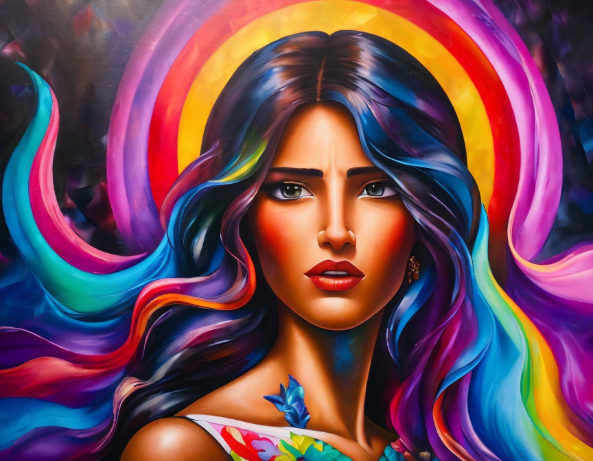 Vibrant painting of a woman with rainbow hair and blue eyes