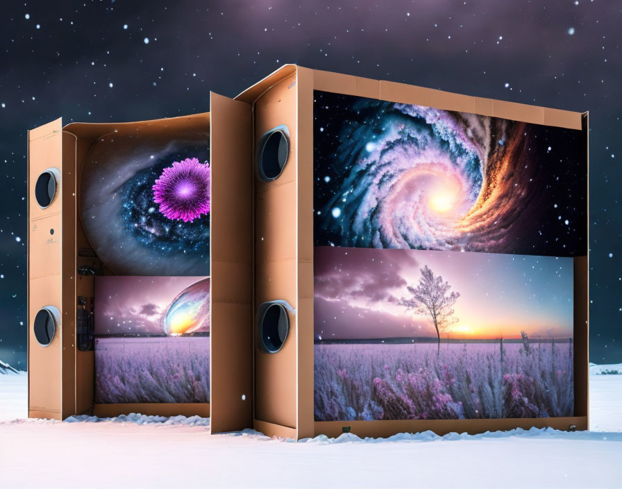 Outdoor Twilight Scene: Three Oversized Cardboard Boxes Display Space, Flower Planet, and Serene Field