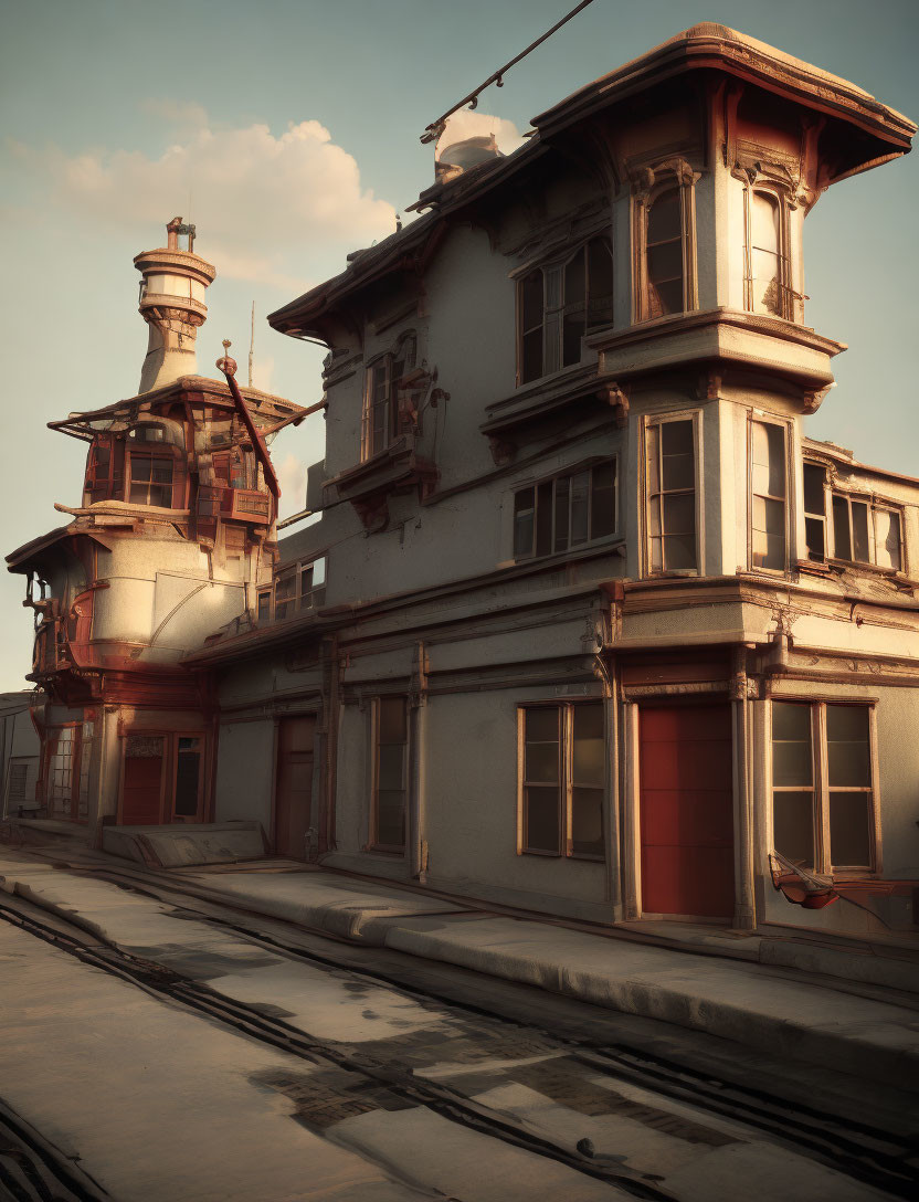 Weathered Victorian Building with Bay Windows and Tower by Train Tracks