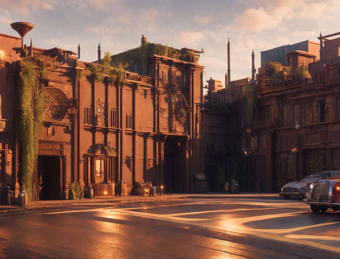 Serene city street at sunset with vintage cars and classical architecture